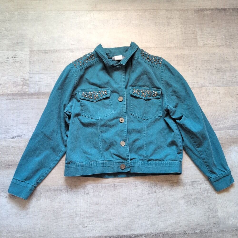 Saint Germain Women Studs Denim Jacket Green Vintage Made In USA Size Medium M